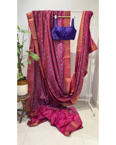 Ikkat Printed Blended silk Rani pink saree.