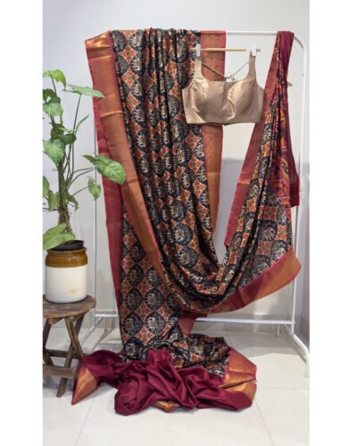 Ikkat printed Blended silk Black.