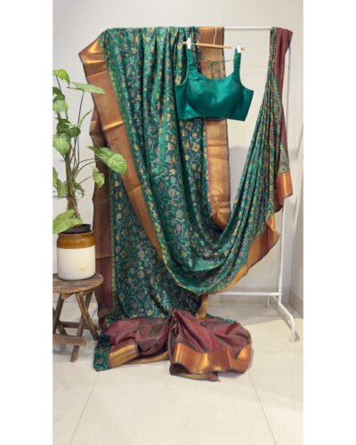 Ikkat printed blended silk Green.