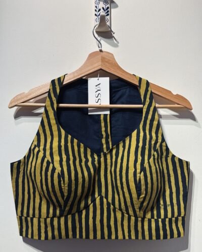 HALTER SLEEVELESS- GREEN N YELLOW AJRAKH STRIPES.